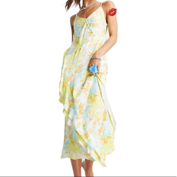 Topshop Dress Abstract Floral Satin Slip Maxi Dress New With Tag Size 4 Yellow - Picture 1 of 11